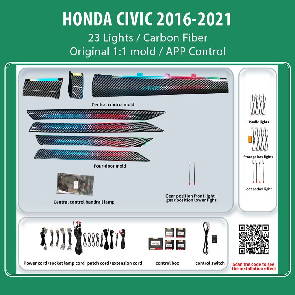 DIQ AMBIENT HONDA CIVIC Χ CF DYN (Digital iQ Ambient Light for Honda Civic mod. 2016-2021 with 23 Lights, Carbon Fiber Dynamic)