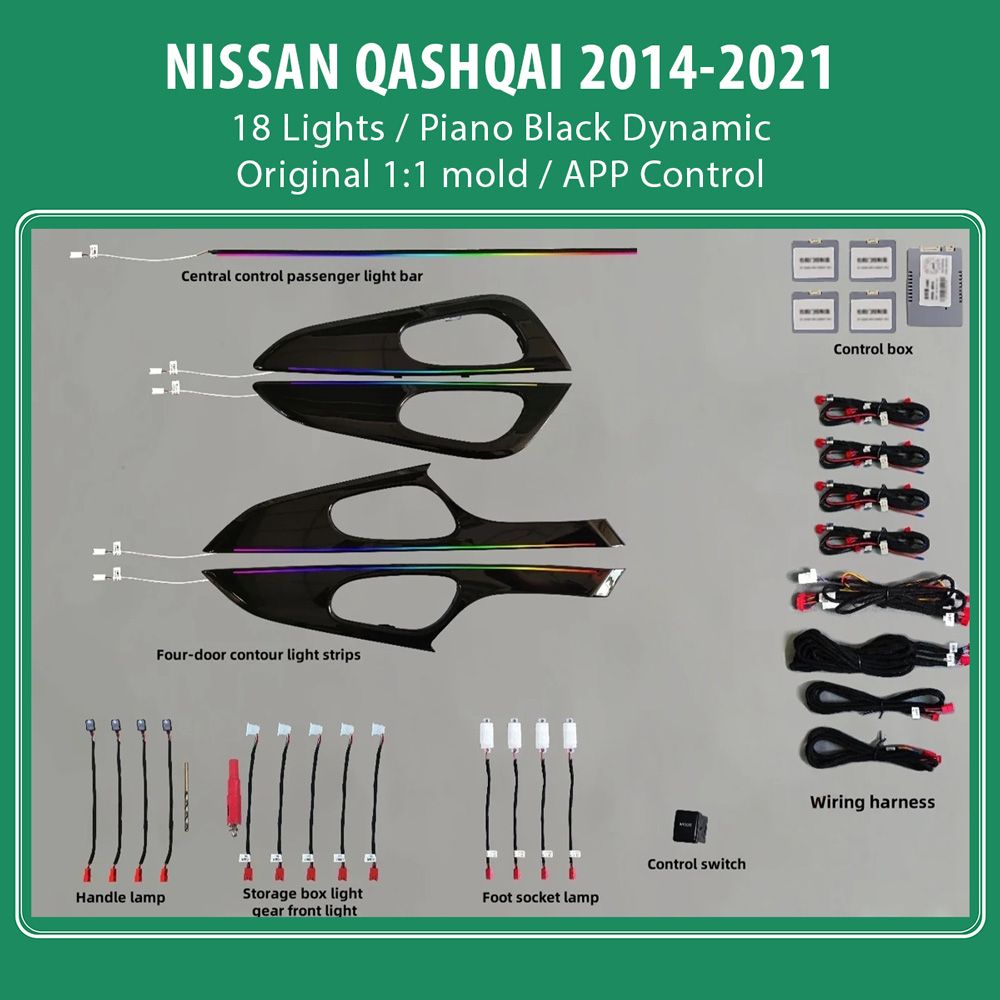 DIQ AMBIENT NISSAN QASHQAI II (PB) DYN (Digital iQ Ambient Light for NISSAN QASHQAI mod. 2014-2021 with 18 Lights) PIANO BLACK DYNAMIC